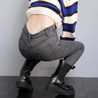 New Women Thick Velvet Jeans Fleece Warm Korean Fashion High Waist Skinny Elastic Pants Jean Casual Legging Winter 2023