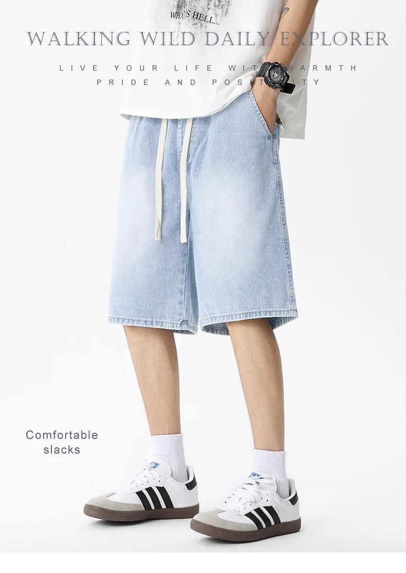 Casual Denim Shorts Men Elastic Waist Straight Comfortable Light Blue Soft Short Pants Baggy Wide Bermuda Male Jeans