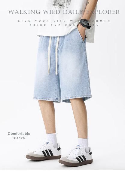Casual Denim Shorts Men Elastic Waist Straight Comfortable Light Blue Soft Short Pants Baggy Wide Bermuda Male Jeans