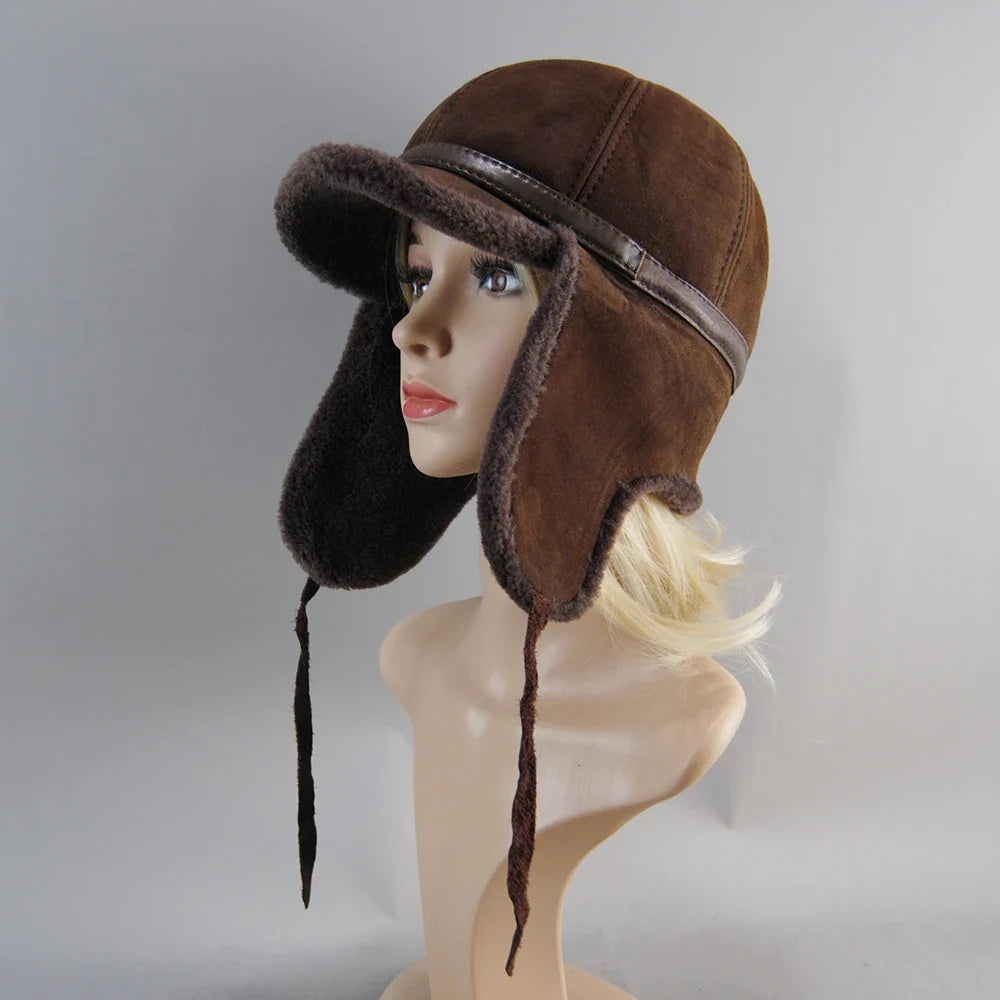 Real Fur Wool Hat Unisex New Winter Warm Bomber Russian Ushanka Hats With Ear Flaps Cow Leather Thick Snow Earflaps Baseball Cap