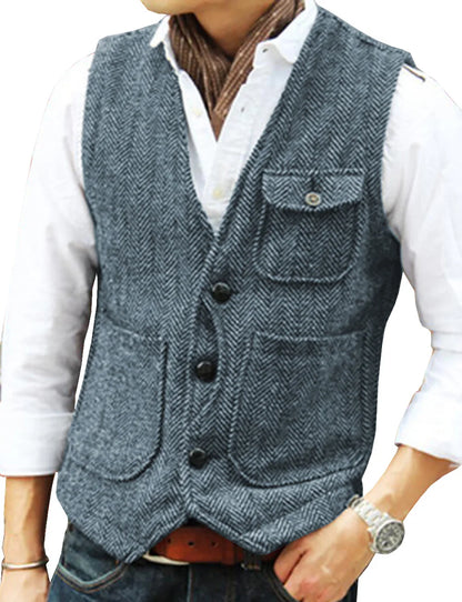 Men's Business Suit Vest Herringbone Tweed V Neck Formal Waistcoat for Wedding Suit or Tuxedo