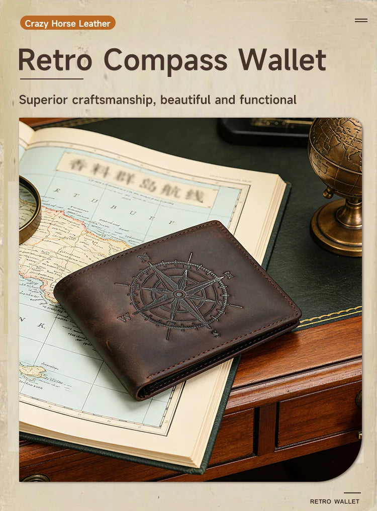 Compact-patterned Crazy Horse leather men's wallet, prone to scratches and repairable