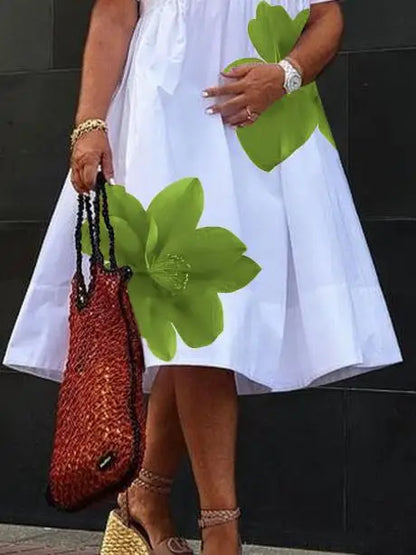 Modigirl Women's Summer New Dress 2025 V-Neck Pleated Short Sleeves White Loose Flower Print Casual Midi Dresses for Woman