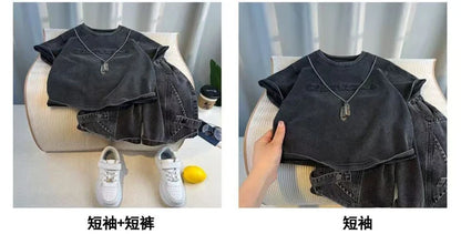 Toddler Boys 2Pcs Summer Outfits Letter Short Sleeve T-Shirt Washed Denim Shorts Set Kids Boys Casual Streetwear Clothes 2-6Year