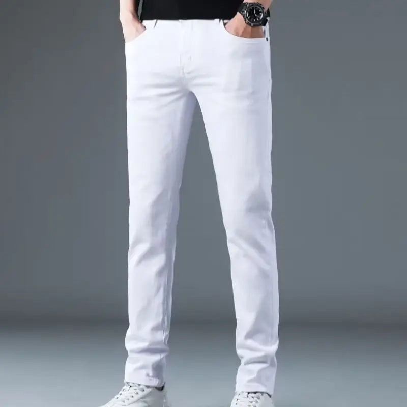 Korean Man Designer Clothes 2025 White Jeans Men Spring Autumn Printed Students Slim Stretch Pencil Pants Workwear Long Trousers