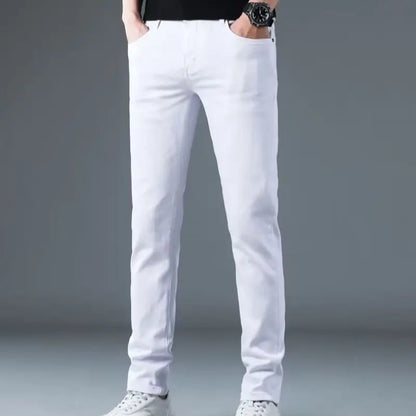 Korean Man Designer Clothes 2025 White Jeans Men Spring Autumn Printed Students Slim Stretch Pencil Pants Workwear Long Trousers