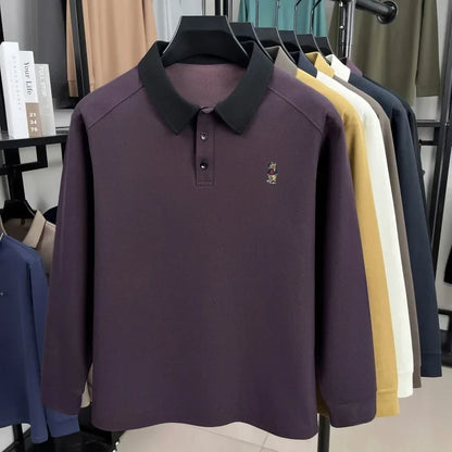 Premium luxury men's long sleeve polo shirt brand cartoon bear embroidery Korean style fashion comfort autumn new lapel T-shirt