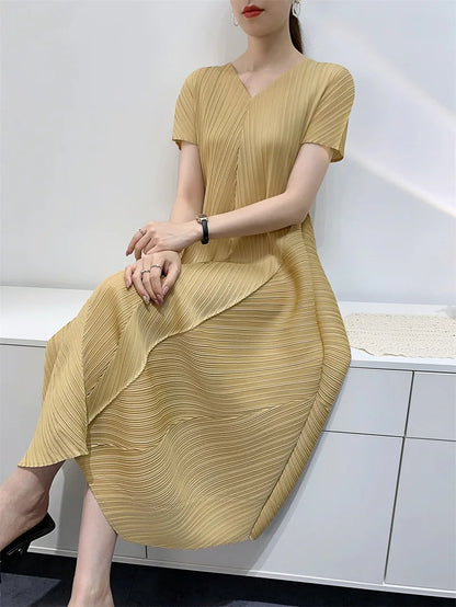 Miyake Bud Elegant Dresses for Women 2024 Autumn New Pleated Casual Fashion Solid Color Party Formal Occasion Dresses