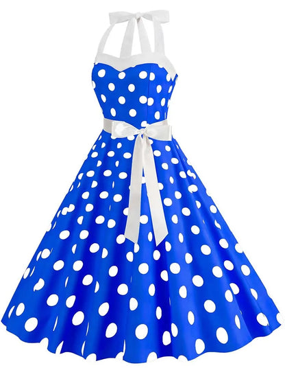 Women Summer Party Dress With Belt Polka Dot Print Halter Hepburn Robe 50s 60s Vintage Dresses