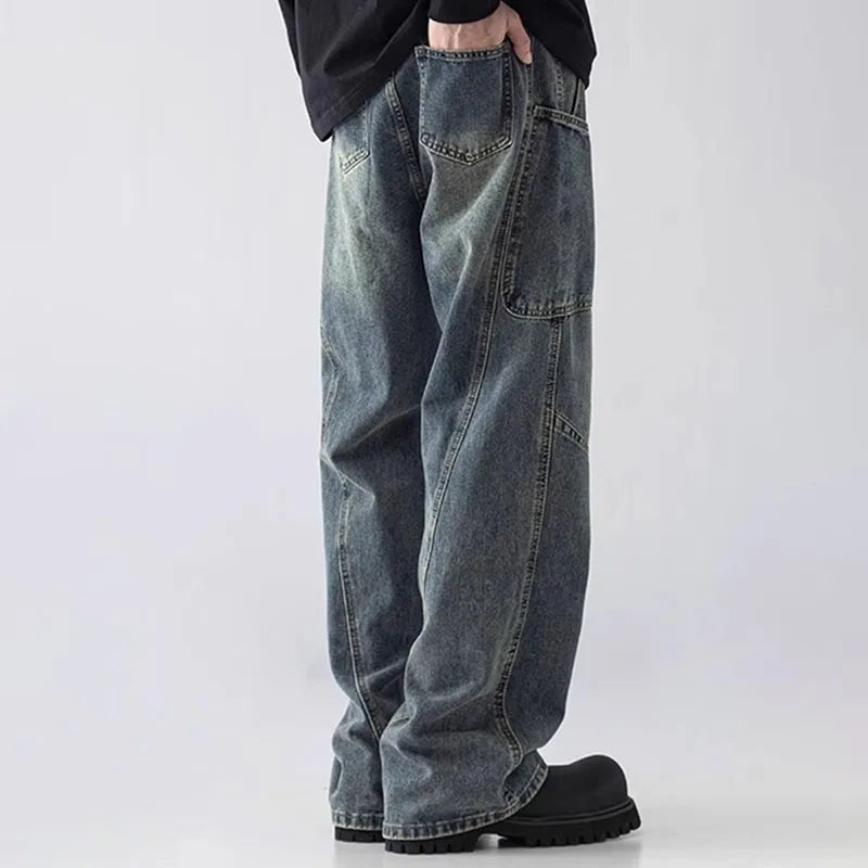 Korean Style Large Pocket Workwear Jeans Retro Blue Men'S Baggy Jeans Straight Leg Pants Casual Wide Leg Pants Casual Pants