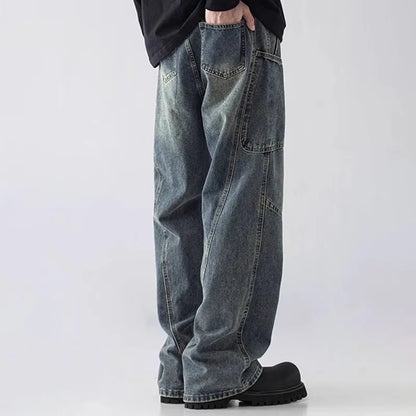Korean Style Large Pocket Workwear Jeans Retro Blue Men'S Baggy Jeans Straight Leg Pants Casual Wide Leg Pants Casual Pants