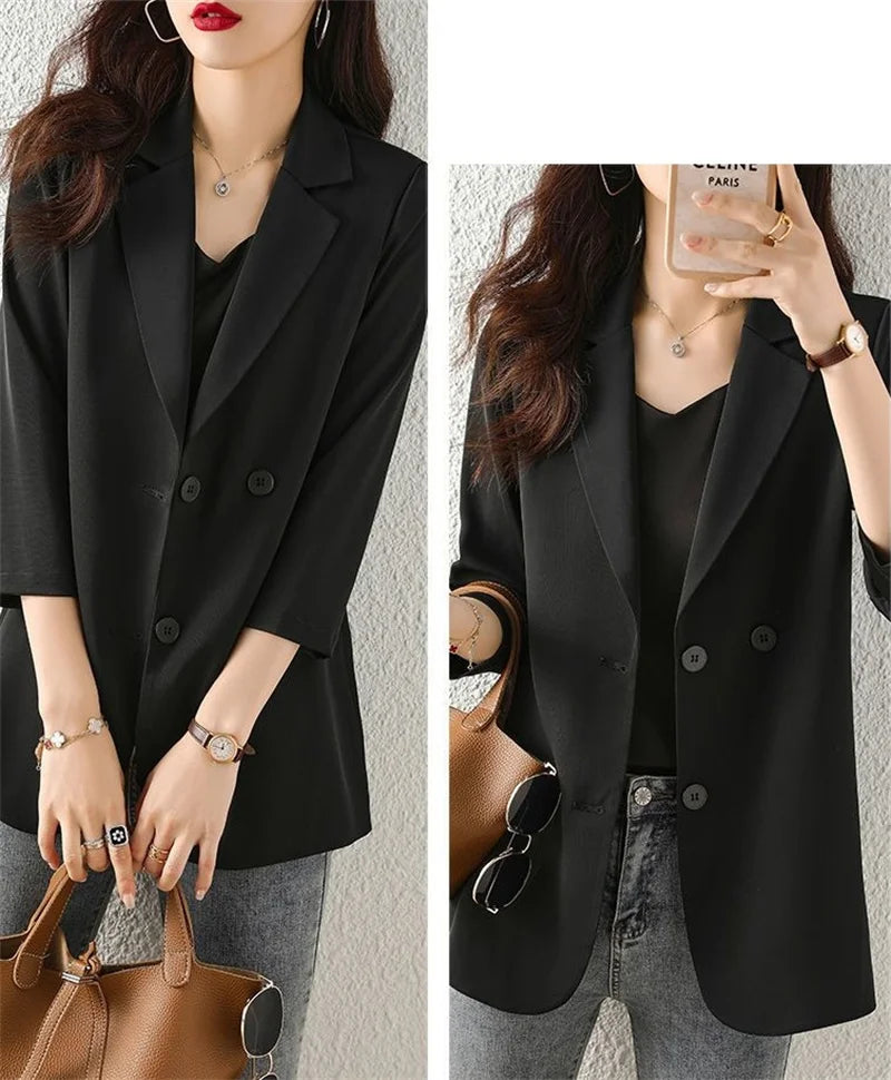 Women Solid Blazers Coat Fashion Slim Suits Female Casual Three-Quarter Sleeve Chic Tops Thin Office Lady Blazer Spring Summer