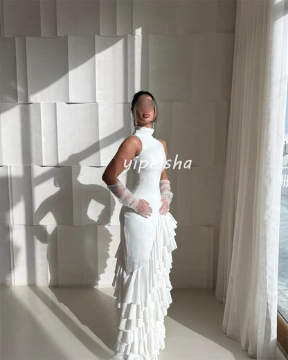 Customized Modern Style Pastrol Chiffon Ruched Ruffle Tiered Mermaid Scoop Neck Long Dresses Bespoke Occasion Dresses Exquisite