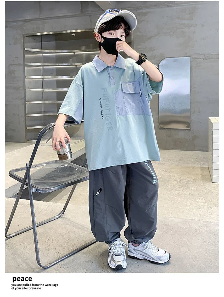 School Boys Fashion Summer Top And Bottom Clothes Set Polo Shirt + Pants 2 Pieces Clothing Suit Kids Children Casual Tracksuit