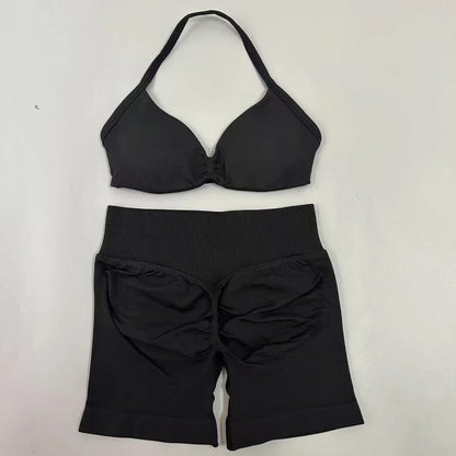Yoga Gym Set Women Seamless Strappy Yoga Bra Top High Waist Workout Scrunch Shorts Sports Set Fitness Clothes Sportswear