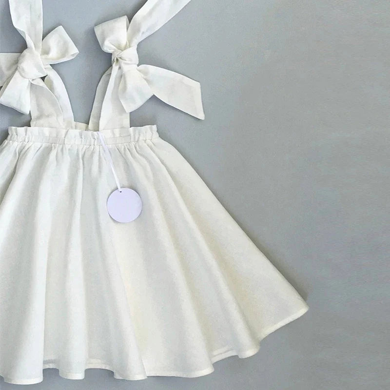 Summer Girl's Bow Tie Shoulder Straps 100% Cotton White Dress 2026 New Flower Girl Loose Vacation Party Princess Dresses
