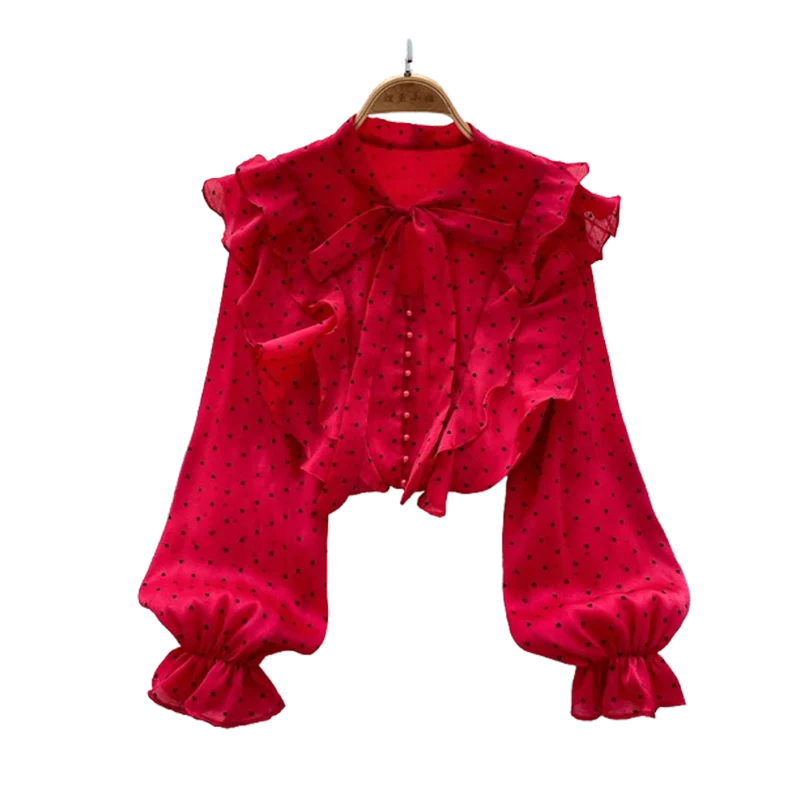 French Sweet Long Sleeved Blouse Women's Clothing Spring Autumn Bow Ruffle Edge Polka Dot Printed Chiffon Shirt Top C42