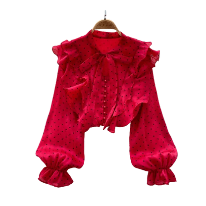 French Sweet Long Sleeved Blouse Women's Clothing Spring Autumn Bow Ruffle Edge Polka Dot Printed Chiffon Shirt Top C42