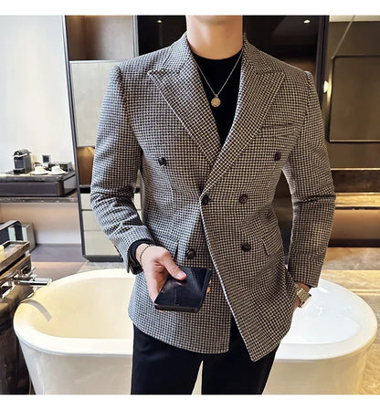 British Style Men Double Breasted Slim Fit Blazer 2024 New Houndstooth Slim Fit Suit Jacket Formal Business Wedding Dress Jacket