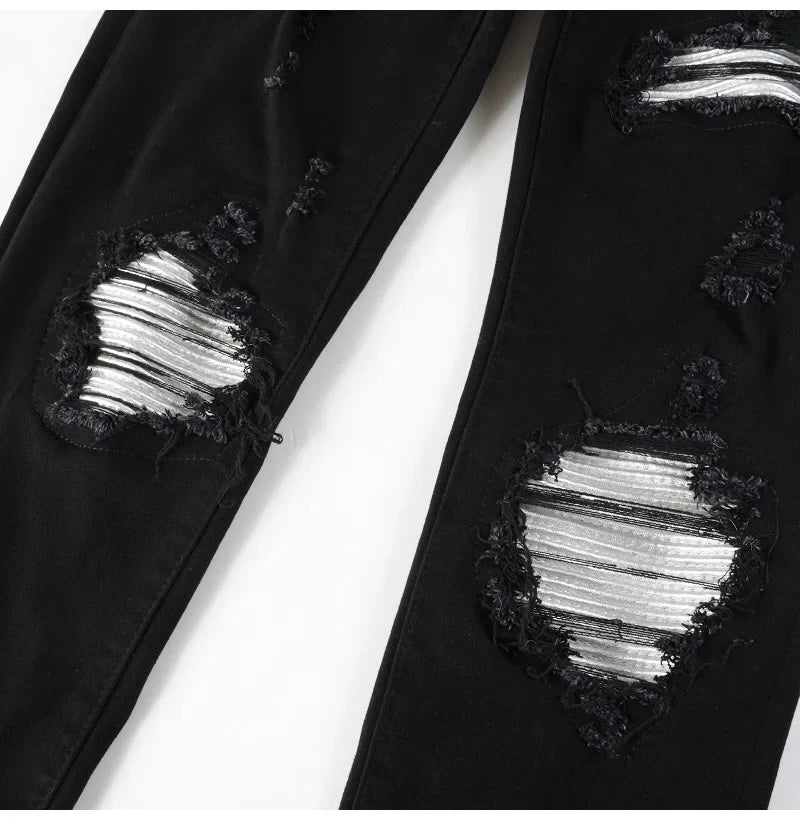 Men Cracked Silver Leather Patch Biker Jeans Streetwear Skinny Tapered Stretch Denim Pants Holes Ripped Patchwork Black Trousers