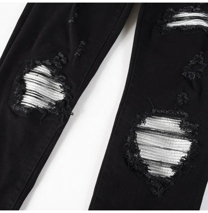 Men Cracked Silver Leather Patch Biker Jeans Streetwear Skinny Tapered Stretch Denim Pants Holes Ripped Patchwork Black Trousers