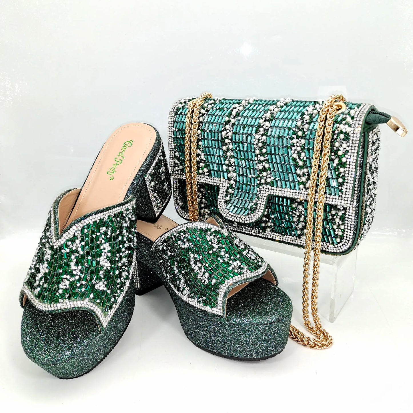Italian Design Fashion Crystal Fish Mouth High Heels Elegant, Exquisite, And Mature Women's Sandals And Square Bag Set