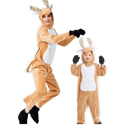 Children's Reindeer Cosplay Costume, One-piece Suit with Hat, Suitable for Halloween and Christmas Stage Performances