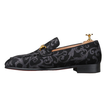 Retro Style High-End Custom-Made Baroque Jacquard Velvet Men's Loafers With Horsebit Buckle Slip-On Smoking Shoes