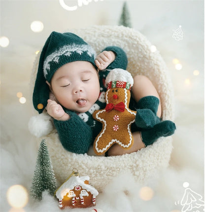 Christmas Baby Clothing Newborn Boy Girl Photography Santa Claus Costumes Sets Green Knitted Romper Stockings Hat 3pcs for Xmas