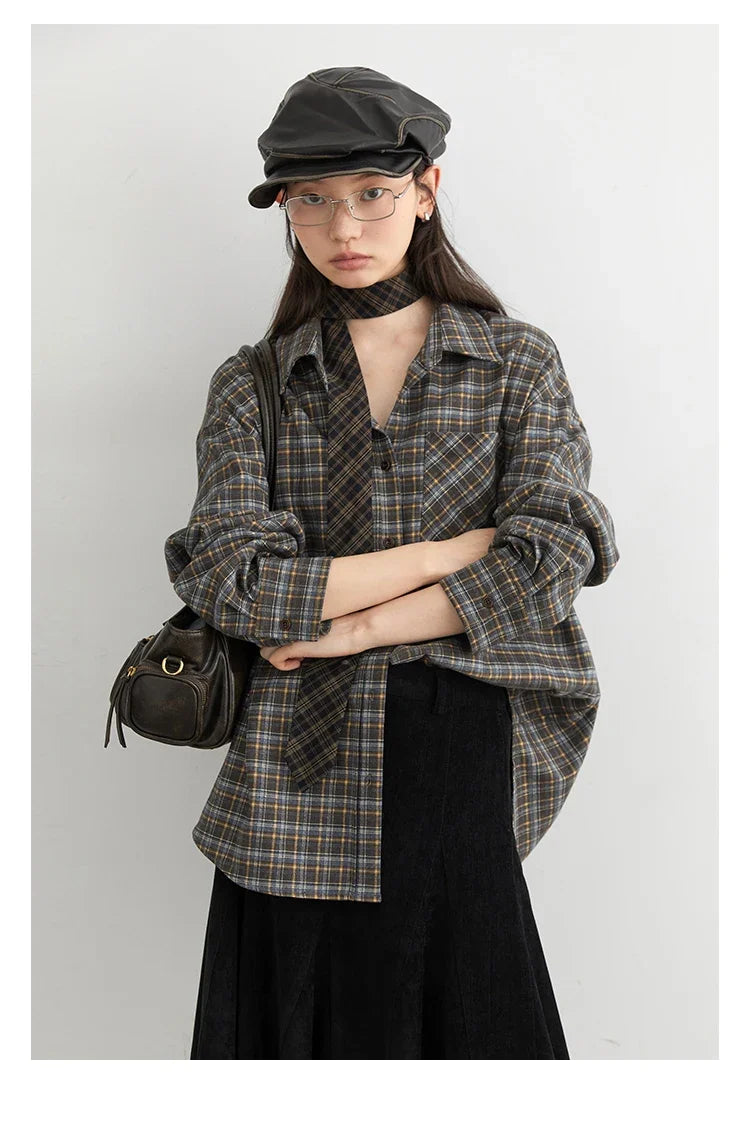 New Women Shirt Loose Casual Long Sleeved Vintage Thick Sanding Female Plaid Blouses Single-breasted Autumn Winter 2026