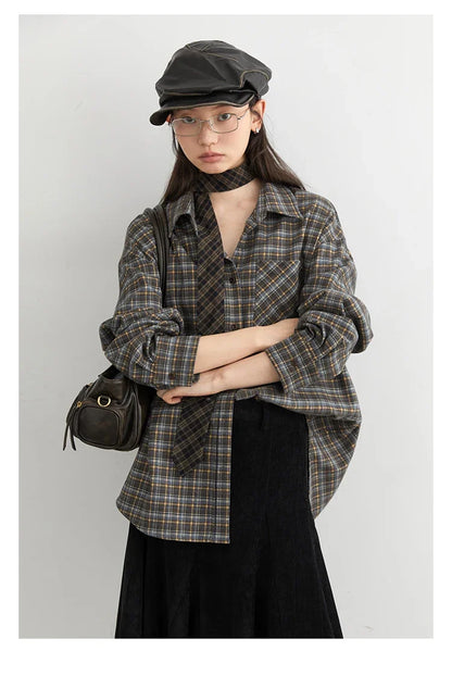 New Women Shirt Loose Casual Long Sleeved Vintage Thick Sanding Female Plaid Blouses Single-breasted Autumn Winter 2026
