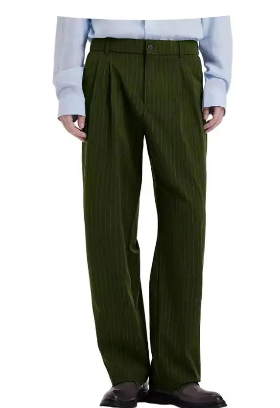 Stripe Men's Pants Slant Pockets Pleated Wide Leg High Waist Loose Fit Button Fly Business Casual Daily Office All-Match Trouser