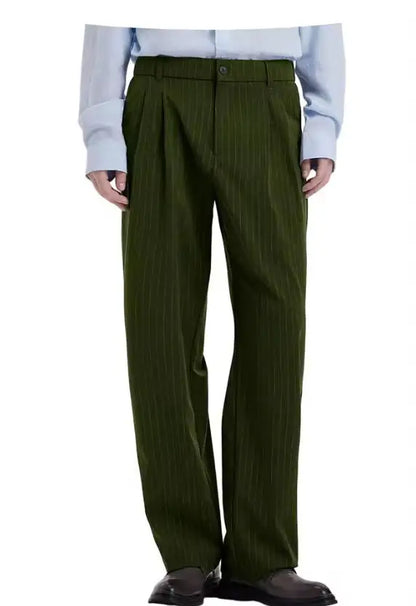 Stripe Men's Pants Slant Pockets Pleated Wide Leg High Waist Loose Fit Button Fly Business Casual Daily Office All-Match Trouser