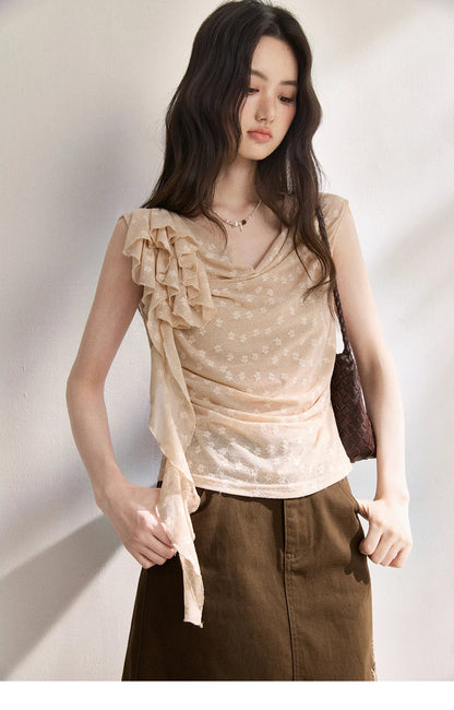 French Floral Lace Swing Neck Shirt For Women 2026 Summer New Pleated 3D Floral Ribbon Hazy Elegant Slim Top MXF24X2617