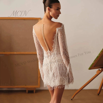 Beaded Fringe Wedding Dress Long Sleeve Civil Lace Bridal Gown Backless Scoop Neck Mini Reception Dress Straight Customized