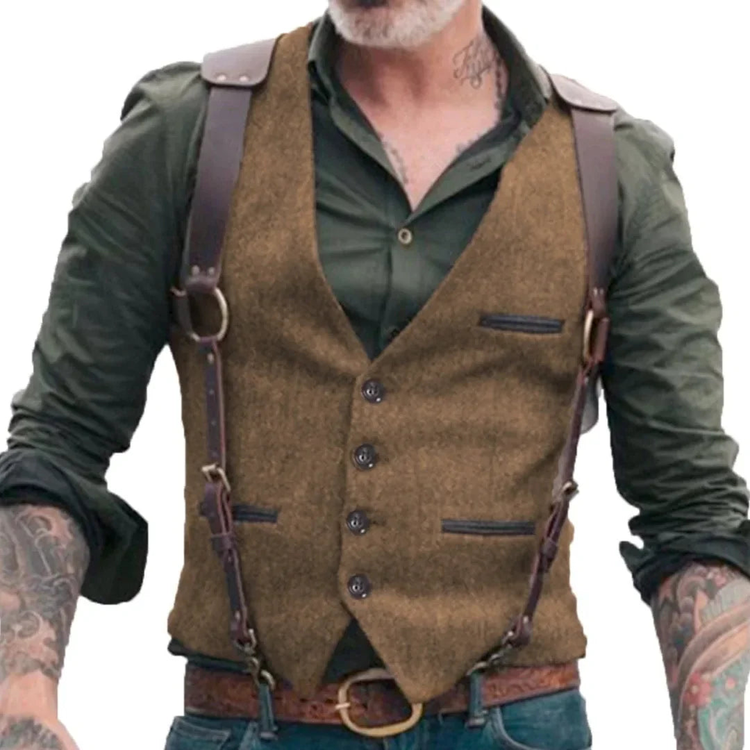 Men Vest Brown V-neck Single Button Solid Waistcoat For Wedding Birthday Banquet Business Casual Daily Men Suit Vest