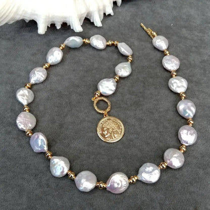 YYGEM 14x17mm Natural Freshwater White Coin Pearl Necklace 21mm Gold Plated Charm Pendant For Women Fashion Jewelry