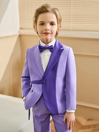 Stylish Purple Kids Tuxedo 3 Pieces Blazer Pants With Bow-tie Dancing Wear Handsome Boys Full Sleeve Suits For Party