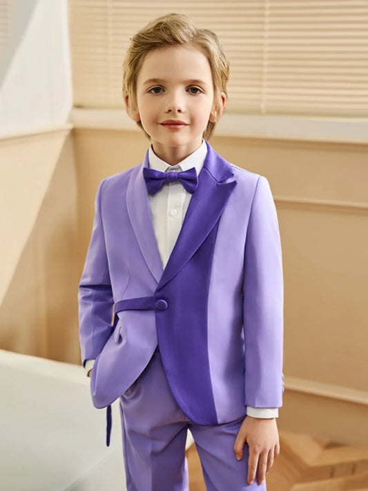 Stylish Purple Kids Tuxedo 3 Pieces Blazer Pants With Bow-tie Dancing Wear Handsome Boys Full Sleeve Suits For Party