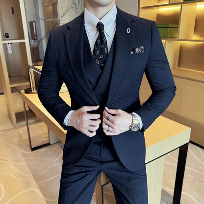 Luxury Stripe Men Suit Korean Version Fashion Elegant Slim Fit Tuxedo Formal Groom Wedding Social Suits