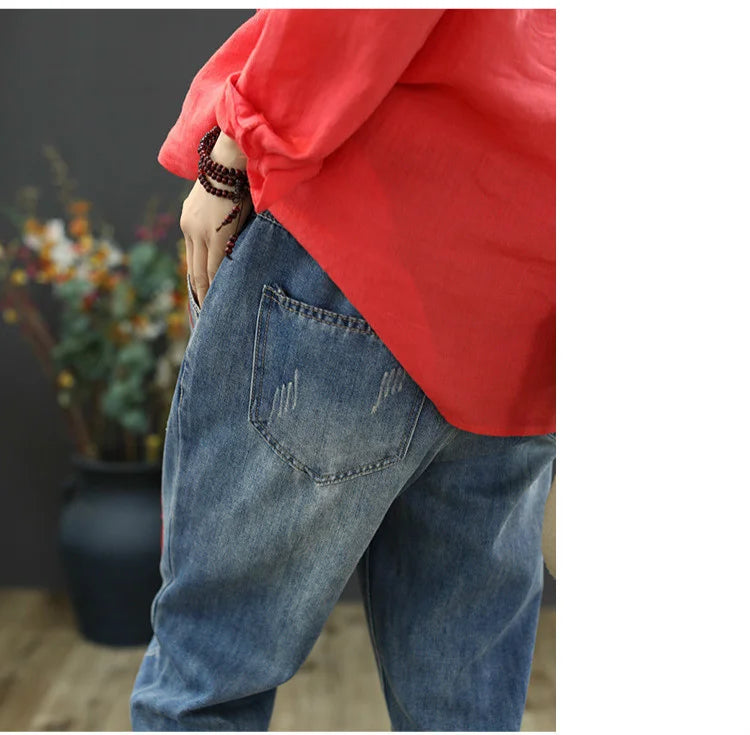 Fashion Summer Ladies Ripped Loose Jeans Womens Leisure Embroidery Denim Trousers Vintage Females Elastic Harem Pants