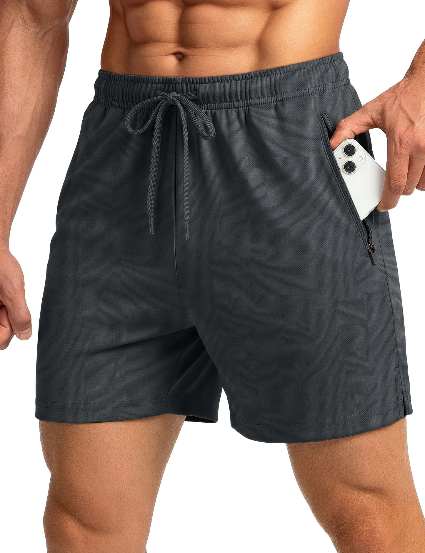 Men's Athletic Running Shorts Mesh Quick Dry Lightweight 5 inches Drawstring Gym Workout Shorts with Zipper Pockets