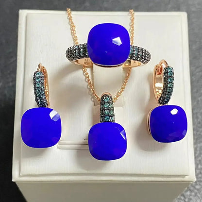 3Pcs Gun Black Plated Blue Zircon Jewelry Set for Women Includes Ring Earrings Necklace Elegant Crystal Blue Topaz Matching Gift