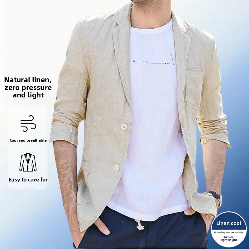 Linen Sun Protection Jacket Blazer - Men Fashionable Business Travel Wedding Versatile Casual Lightweight Cool Breathable Blazer