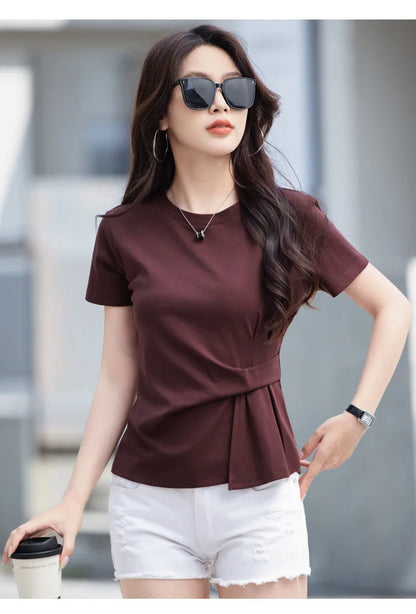 Women's summer new cotton irregular top short sleeved round neck casual women's short sleeved top T-shirt