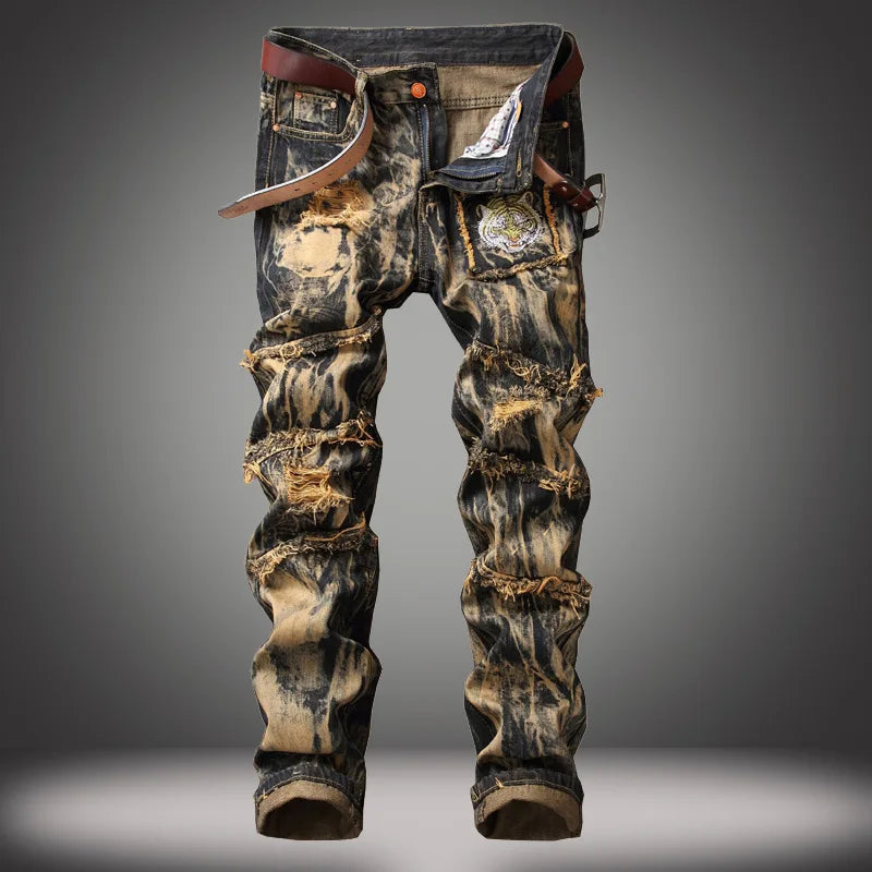 American Vintage Straight-leg Jeans for Men, Featuring Distressed Rip Details, Patchwork and Street-style Tapered Cut.
