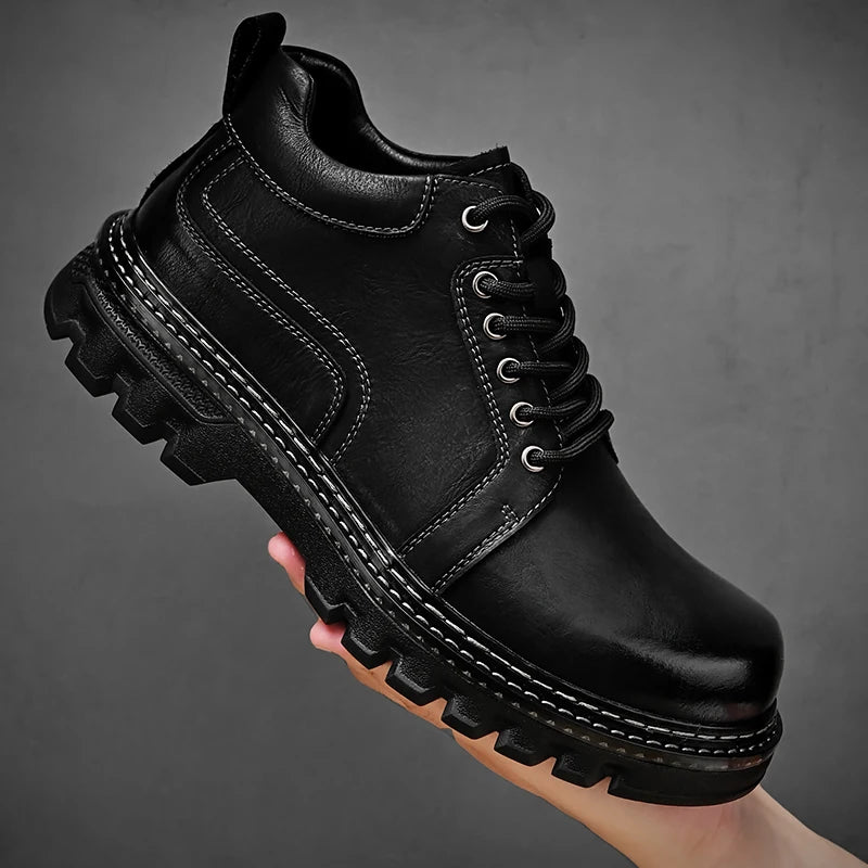Genuine Leather Men Boots Cow Leather Upper Durable Sole Lace up Autumn Winter Boots Fur Daily Leisure Outdoor Shoes For Man New