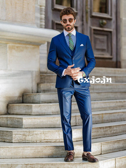 Blue Striped Tuxedo Blazer Vest Pants 3 Pieces For Formal Occasion Handsome Modern Peak Lapel Men's Business Suit Set Customized