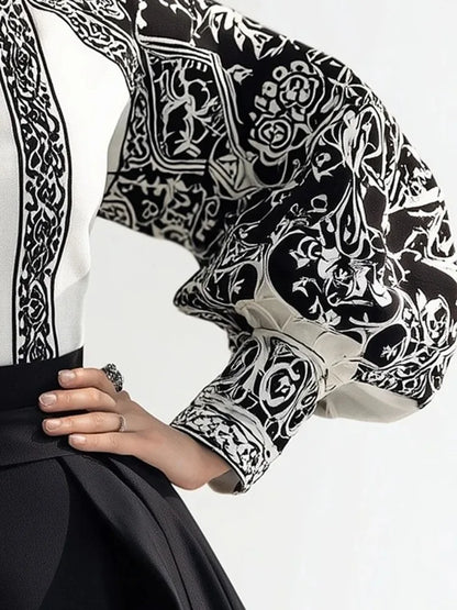 Modigirl Vintage Court Style Black and White Floral Print Blouse Women 2026 Spring Summer High Neck Puff Sleeve Elegant Shirt