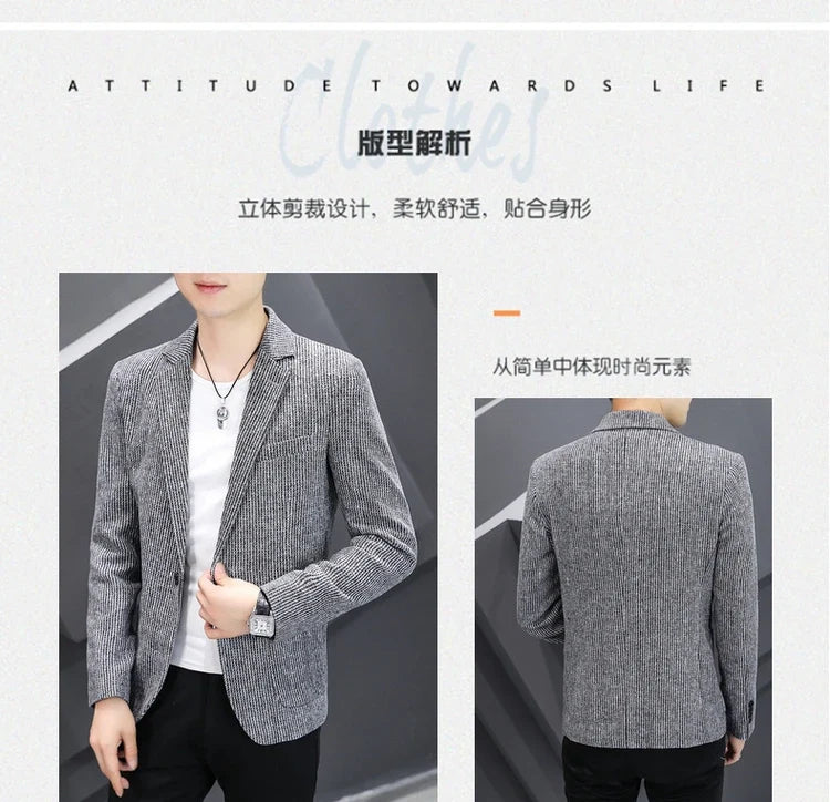 Blazer New Men's Fashion Business Vertical Strip Gentleman Slim Wool Shopping Outdoor Performance Wedding Banquet Casual Blazer